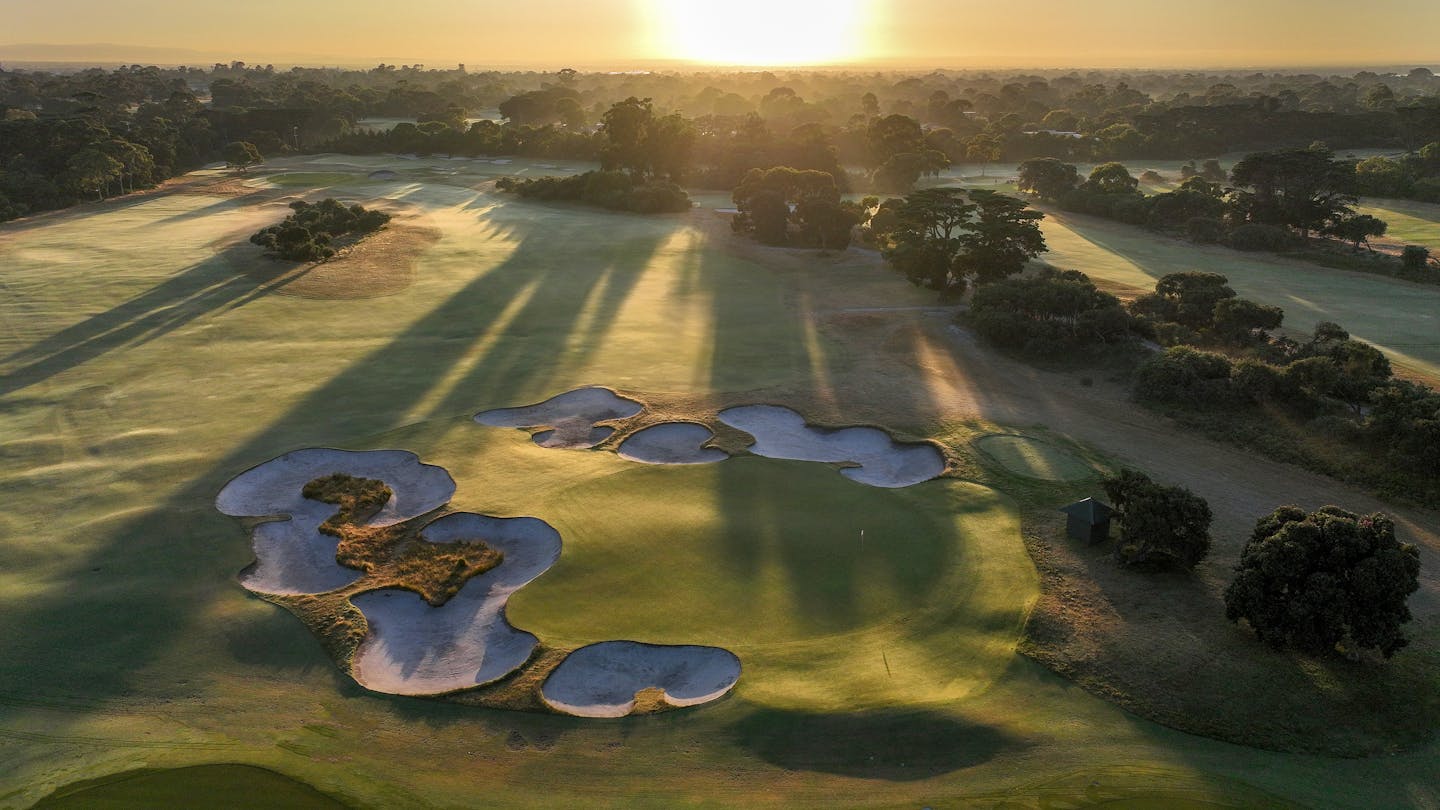 Royal Melbourne Golf Club - RMGCEast 18AerialBackSunrise 0288-edit