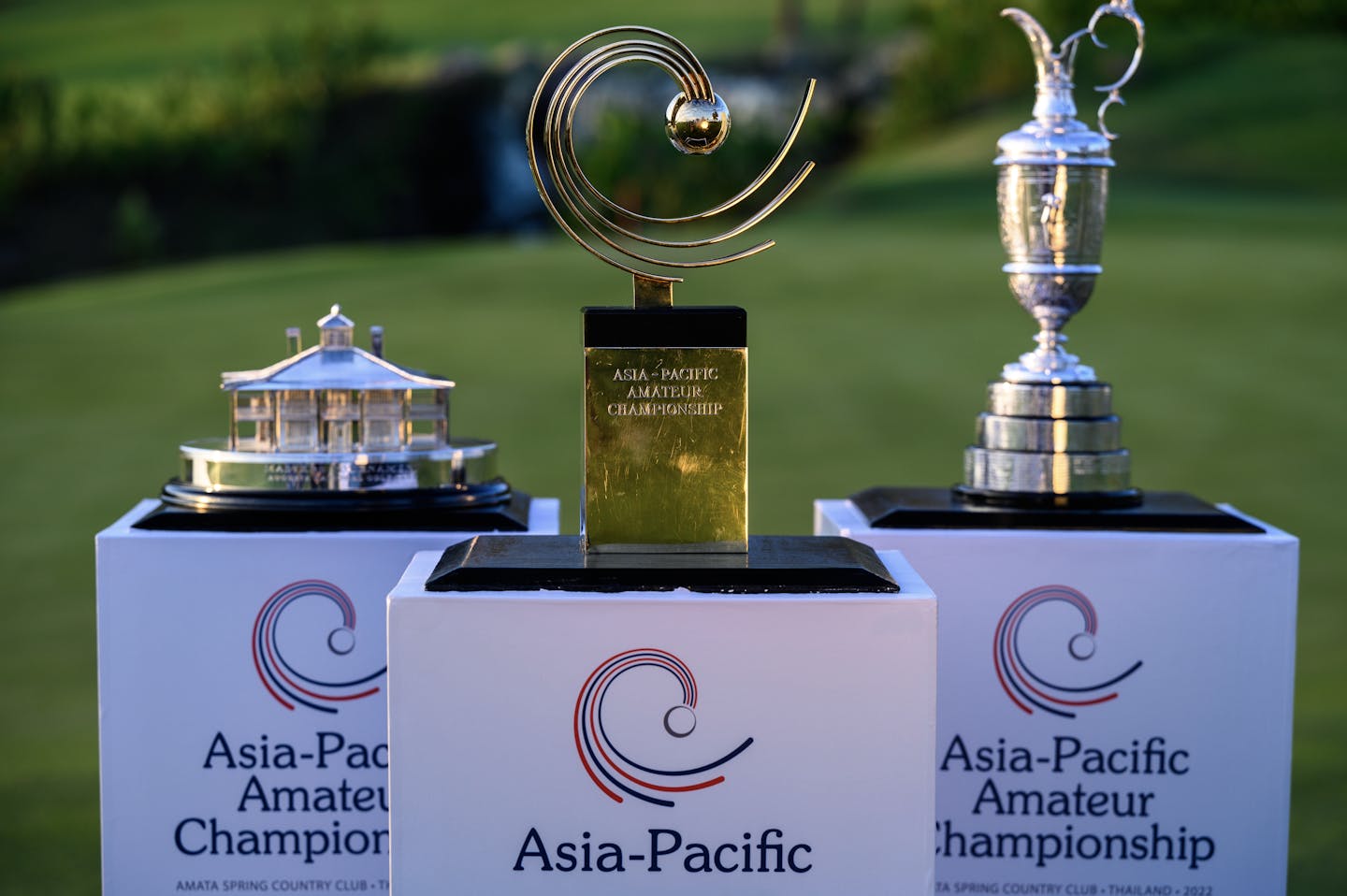 Masters Trophy, AAC Trophy and Claret Jug at Amata Spring