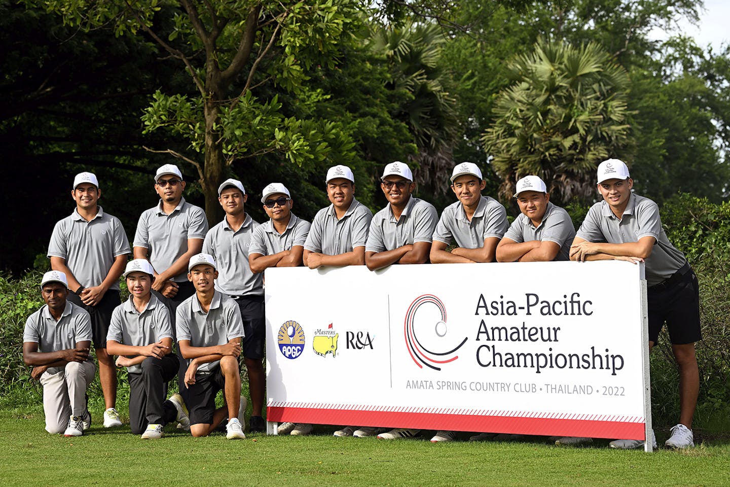Players pose for a photograph at the AAC Golf Academy on Monday September 5, 2022, at Amata Spring Country Club, Chonburi, Thailand